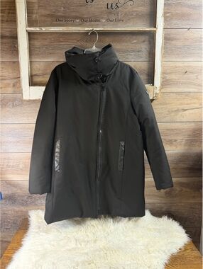 Sam Edelman XL Black Puffer Coat High Collar Zip Front Longline Jacket Outerwear